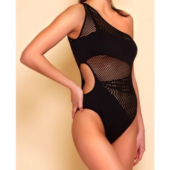 Hauty Lana Bodysuit One piece One Shoulder Fishnet Cutout Snap Closure Black 0/S - Picture 1 of 11